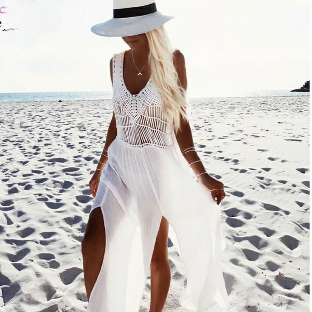 Crocheted White Boho Maxi Cover-up Dress